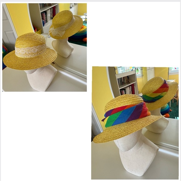 🌈 Hat & 2 bands : yellow straw hat / neutral lace ribbon and rainbow bandana - Picture 16 of 16